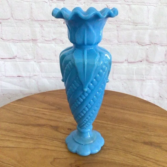 Victorian Blue Opaline Glass Ruffled Footed Vase - Picture 4 of 8